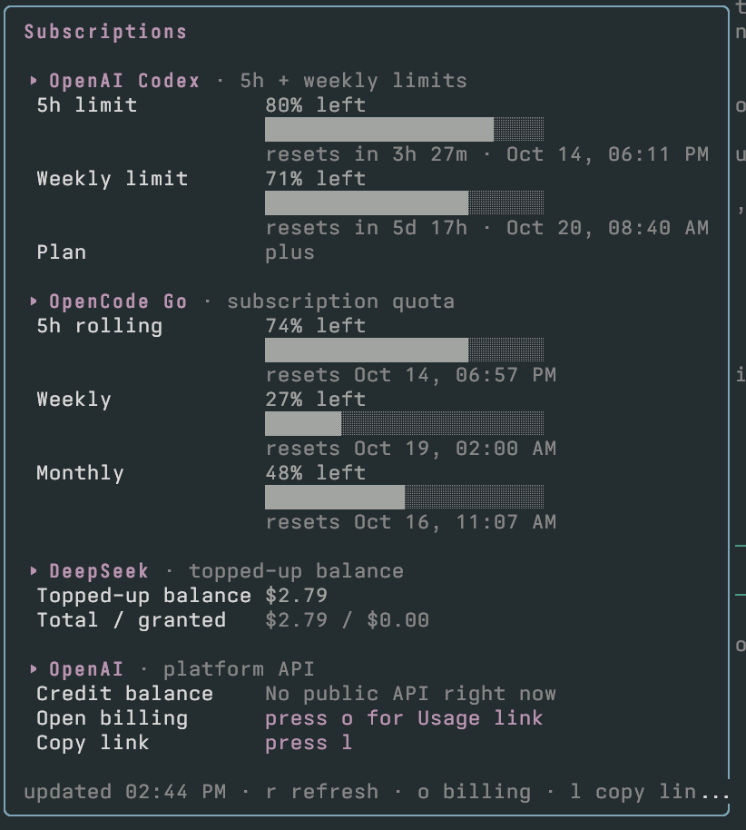 Pi usage modal showing Codex, OpenCode Go, and DeepSeek quotas